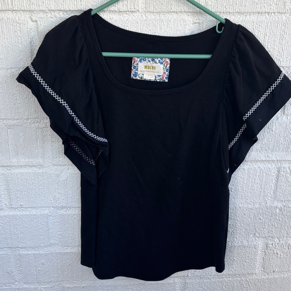 Anthropologie Maeve Embroidered Black Ruffle Sleeve Blouse sz S - Picture 4 of 7